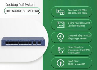 Switch PoE Dahua DH-S3010-8ET2ET-60 – Giải pháp tối ưu cho hệ thống camera giám sát