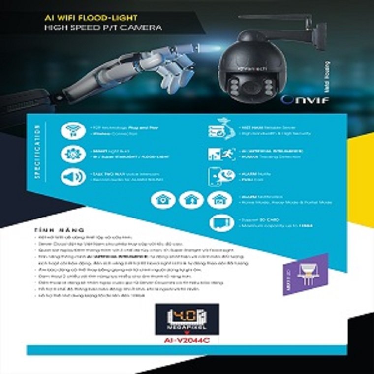 Camera Wifi Flood Light Onvif Pan/Tilt 4.0MP AI-V2040C