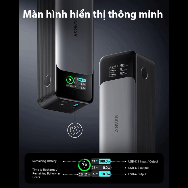 Sạc dự phòng Anker Prime 2C1A 250W 27650mAh Đen (Black) Mã: B2C_A1340