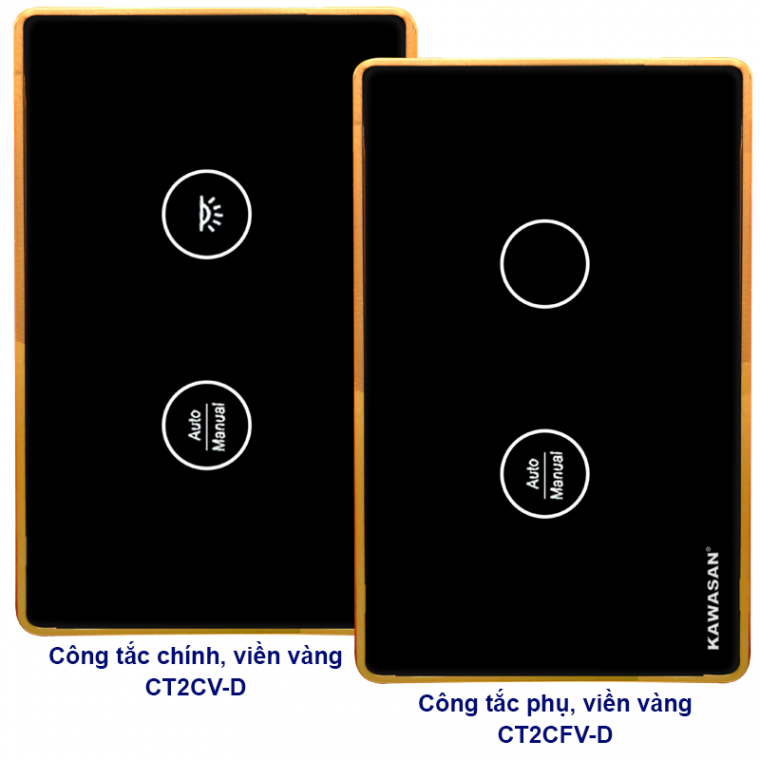 CẶP ĐÔI CÔNG TẮC WIFI - KẾT NỐI 2 CHIỀU (DÙNG CHO CẦU THANG - HÀNH LANG) - VIỀN VÀNG - KAWASAN - CT2