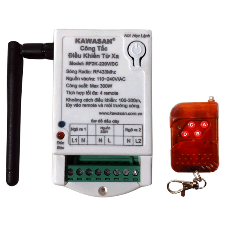 CÔNG TẮC ĐIỀU KHIỂN TỪ XA - 2 KÊNH, ANTEN NGẮN, GỒM REMOTE, RF2K 220V-RM01B