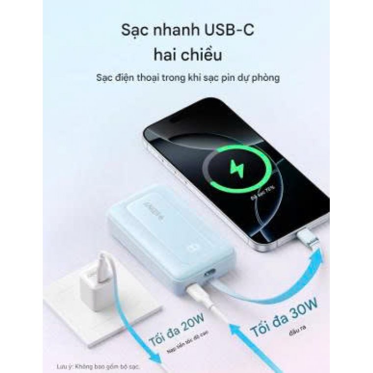 Sạc dự phòng Anker Zolo 1C1A 30W 10000mAh (Built-In USB-C Cable) Xanh dương (Blue) B2B_A1688